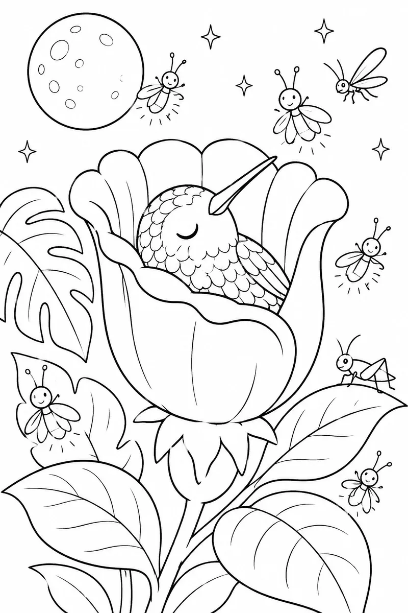 Ausmalbild: Winziger schillernder Kolibri schläft friedlich und geborgen im weichen Kelch einer tropischen Nachtblume