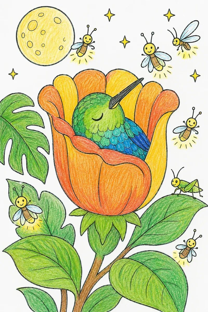 Kolibri schläft geborgen im Blütenkelch