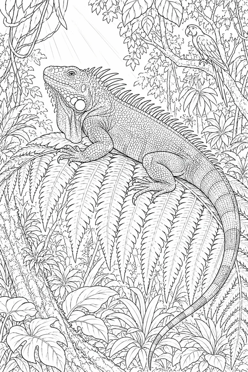 Ausmalbild: Prächtiger Grüner Leguan mit Rückenscalen sonnt sich gestreckt auf einem riesigen Baumfarn-Blatt