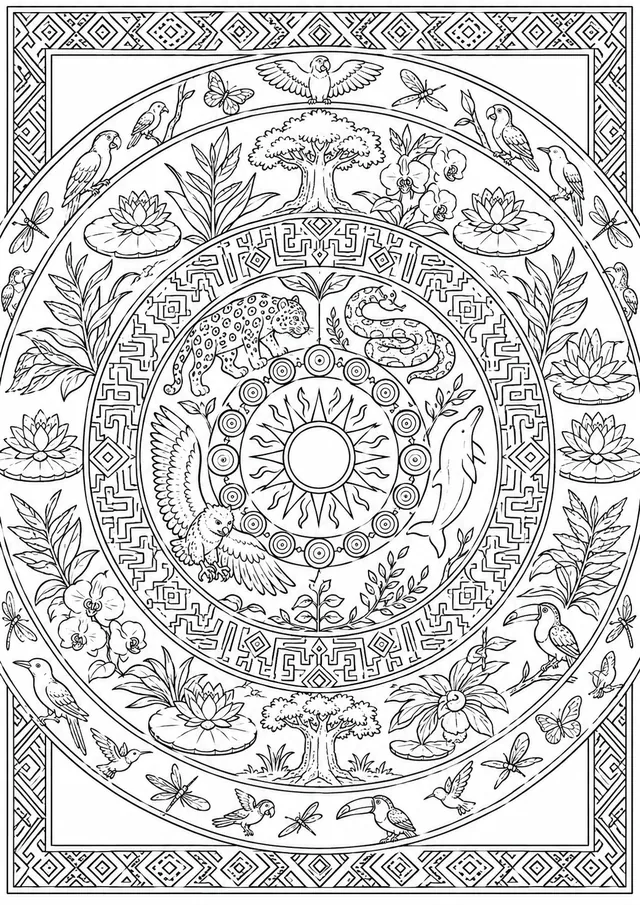 Indigene Kunst-Mandala aus Regenwald-Symbolen