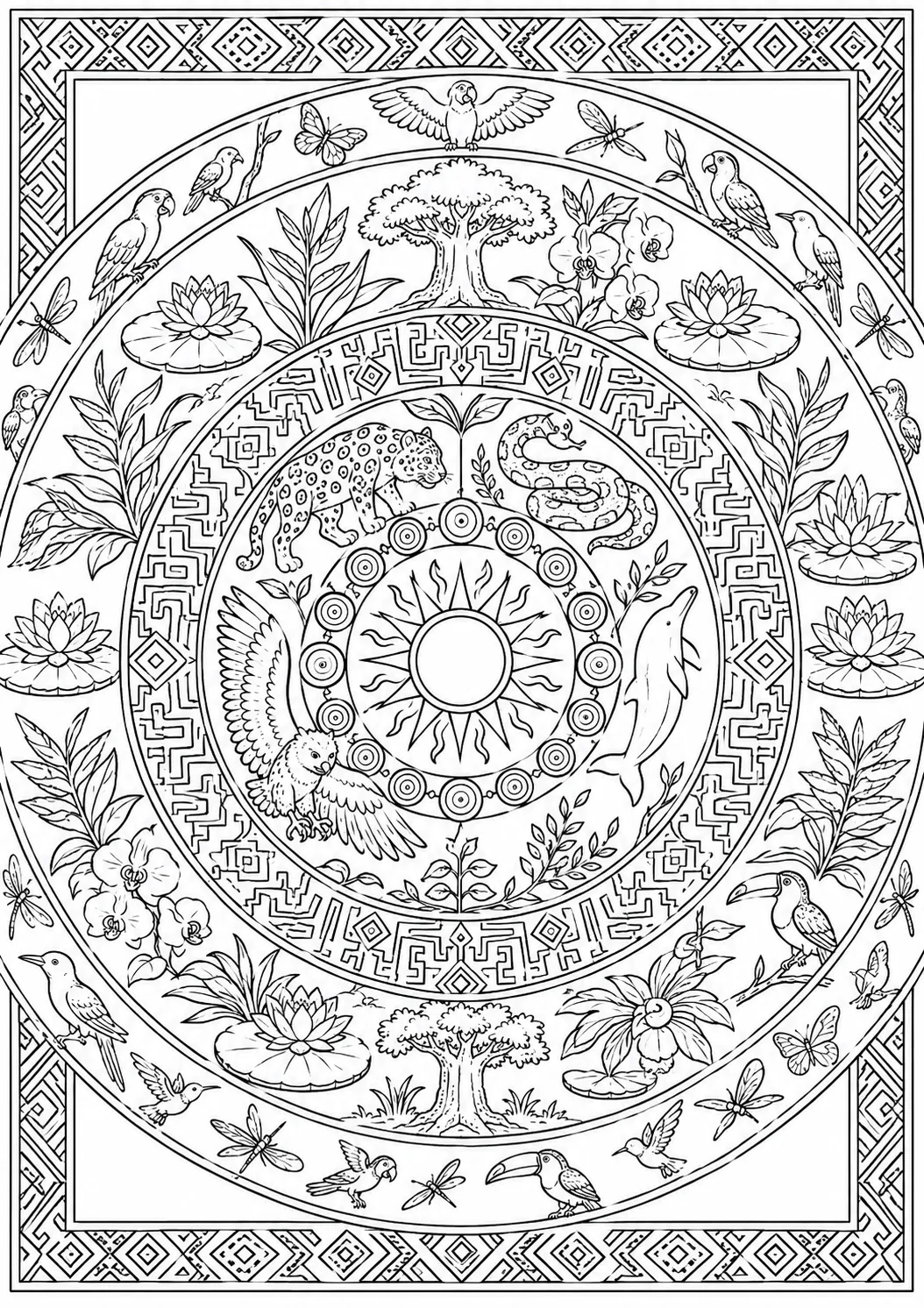 Ausmalbild: Komplexes Amazonas-Mandala mit Shipibo-Conibo-Mustern Regenwaldtieren und indigenen Kosmologie-Symbolen