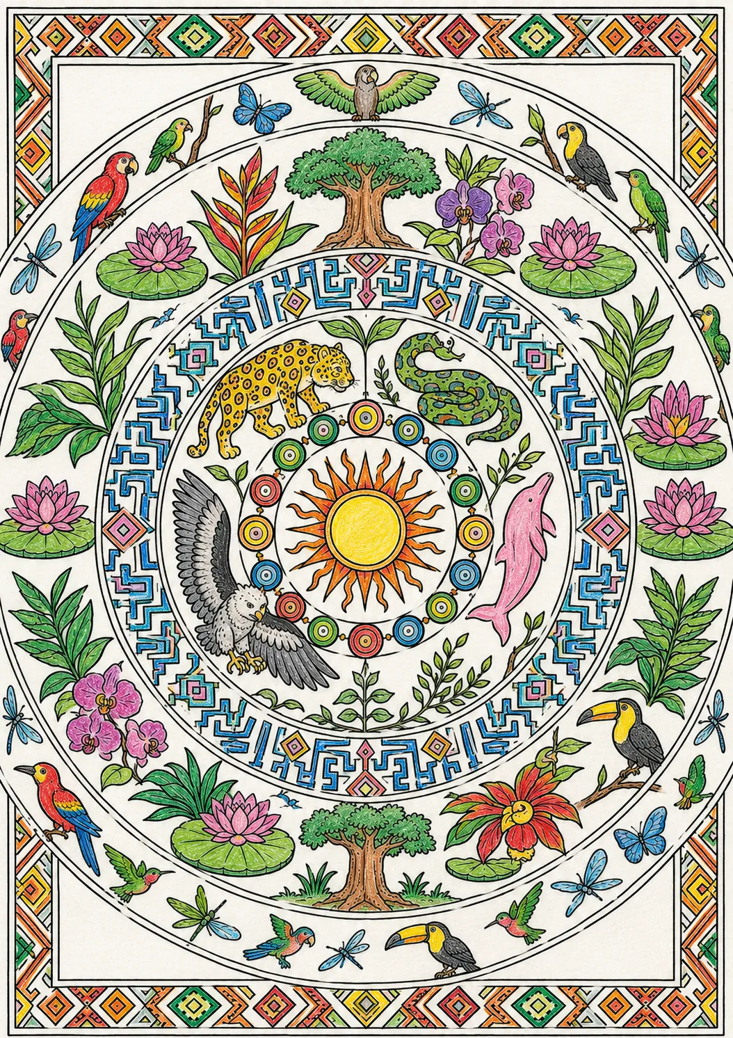Indigene Kunst-Mandala aus Regenwald-Symbolen