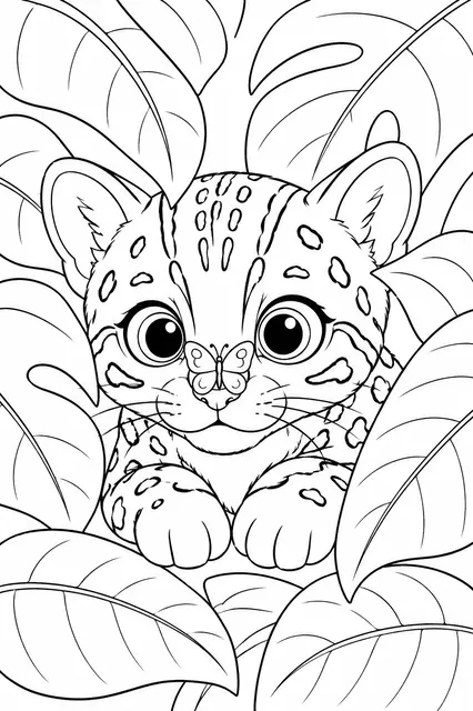 La cría de ocelote se esconde en el follaje denso