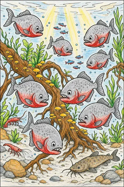 食人鱼群游绕着沉没的树枝 – 涂色效果预览