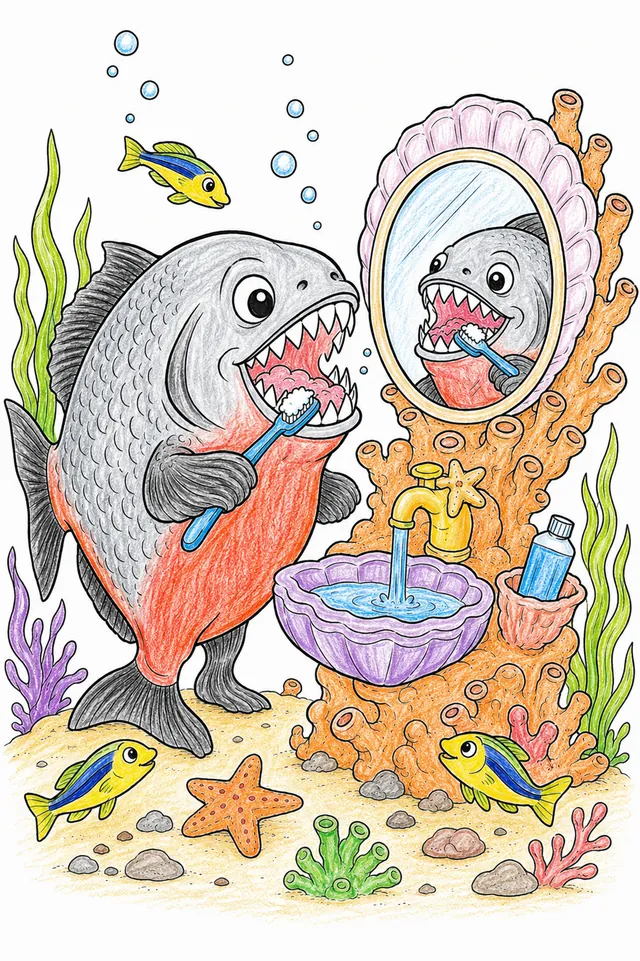 涂色页：食人鱼在水下贝壳镜子前刷牙时骄傲地展示其令人印象深刻的牙齿