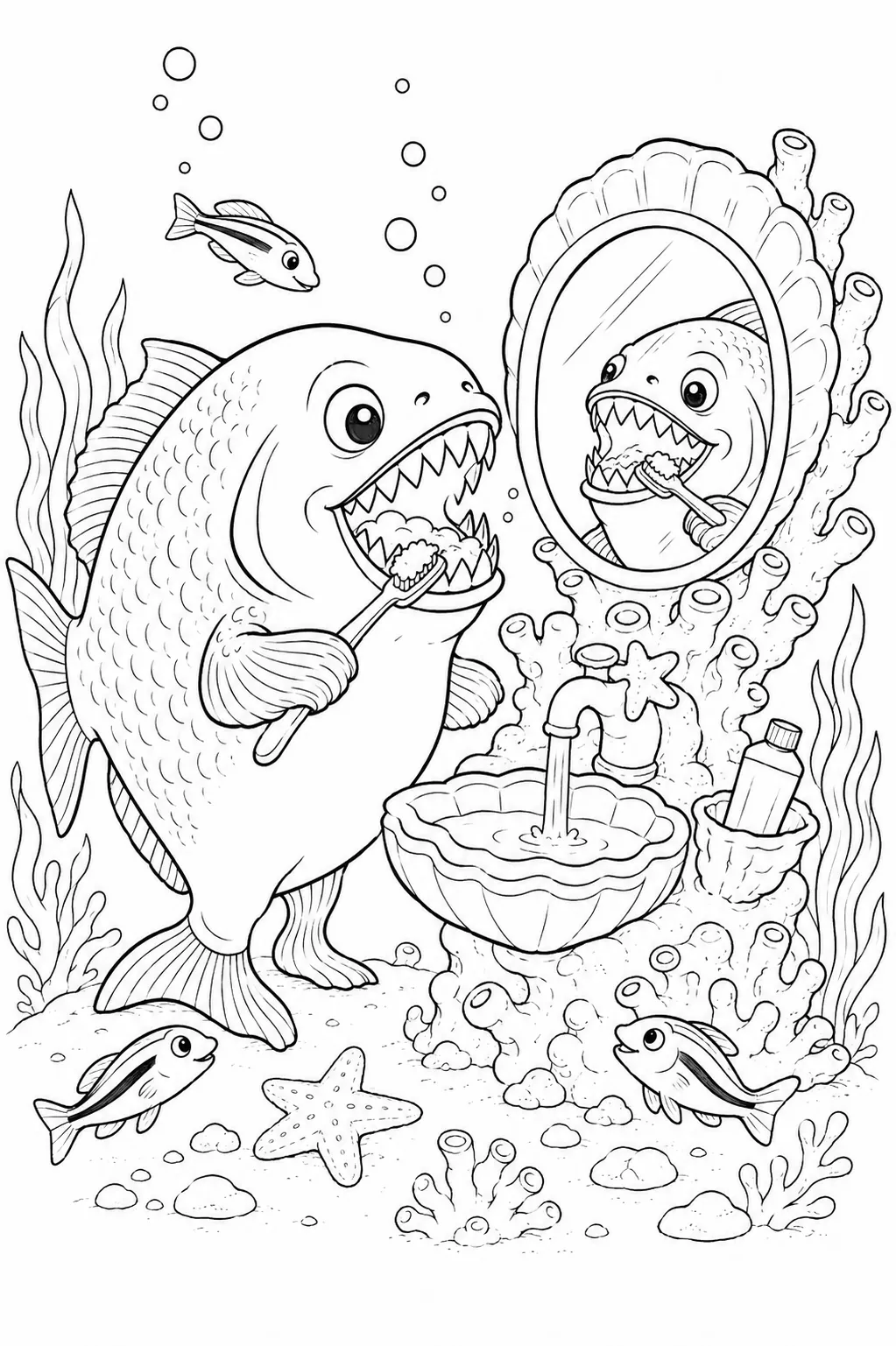 Ausmalbild: Piranha zeigt stolz seine beeindruckenden Zähne beim Zähneputzen an einem Muschelspiegel unter Wasser