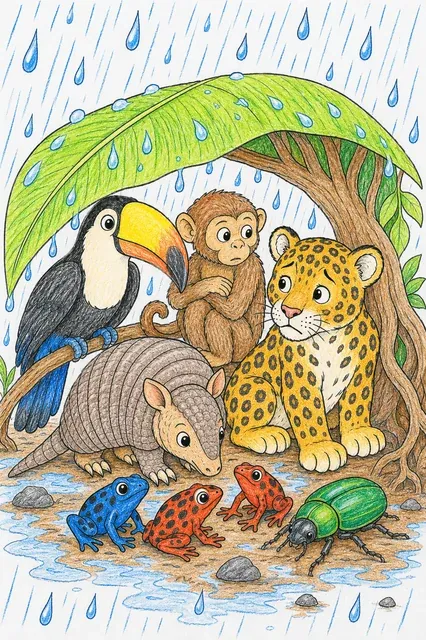 Ausmalbild: Tukan Affe Frosch Jaguar Gürteltier und Käfer drängen sich gemeinsam unter einem Riesenblatt vor dem Regenwald-Regen