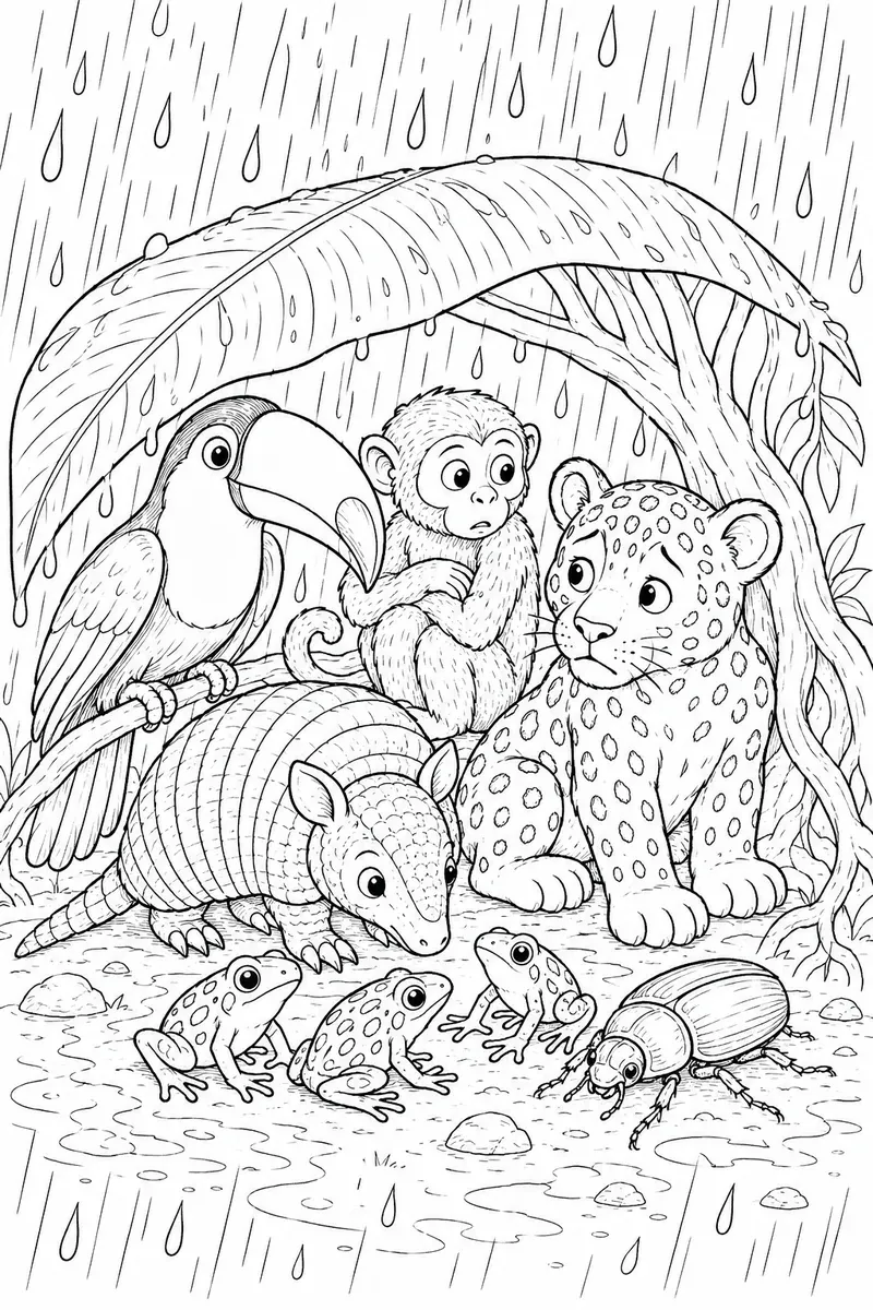 Ausmalbild: Tukan Affe Frosch Jaguar Gürteltier und Käfer drängen sich gemeinsam unter einem Riesenblatt vor dem Regenwald-Regen