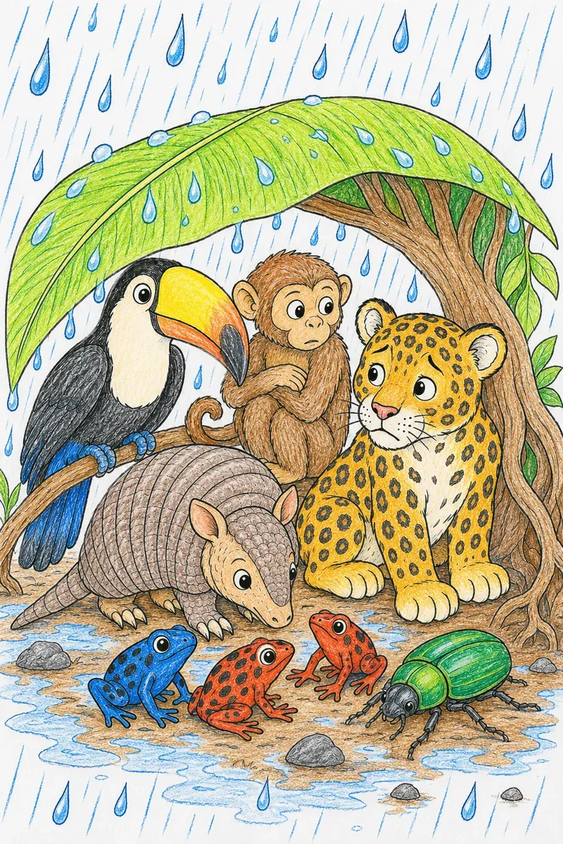 Regenwald-Regen: Tiere suchen gemeinsam Schutz