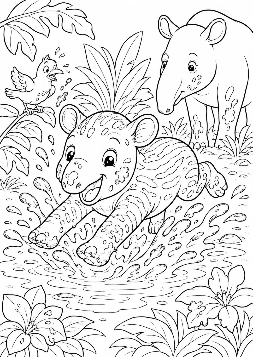 Ausmalbild: Gestreiftes Tapir-Baby springt mit großem Spritzer in eine Schlammpfütze während die geduldige Mutter zusieht