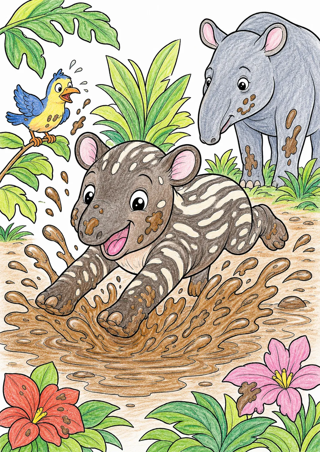 Kleiner Tapir plantscht freudig in einer Schlammpfütze