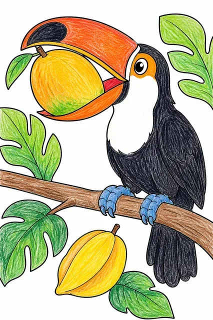 Ausmalbild: Tukan mit riesigem orangefarbenen Schnabel hält eine tropische Frucht im Amazonas-Regenwald