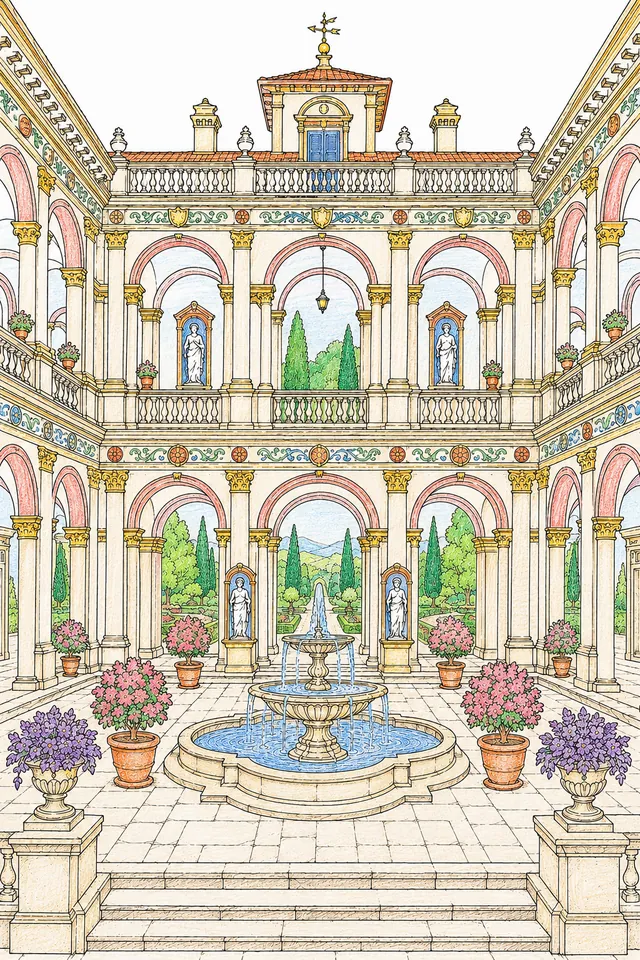 Renaissancevilla mit Arkadengalerien um einen Brunneninnenhof