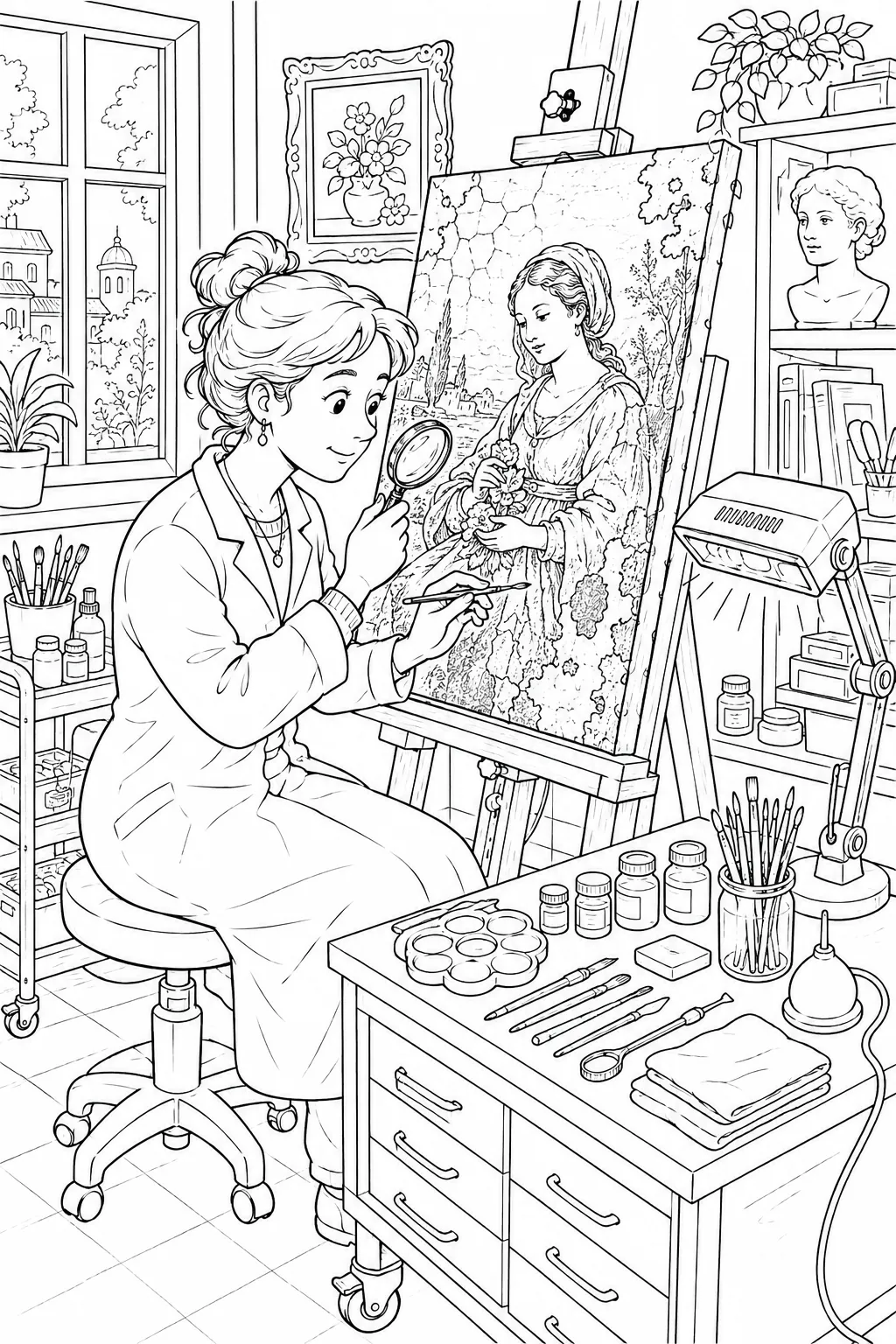 Ausmalbild: Restauratorin restauriert Ölgemälde mit Pinsel und Lupe vor großer Staffelei im Atelier