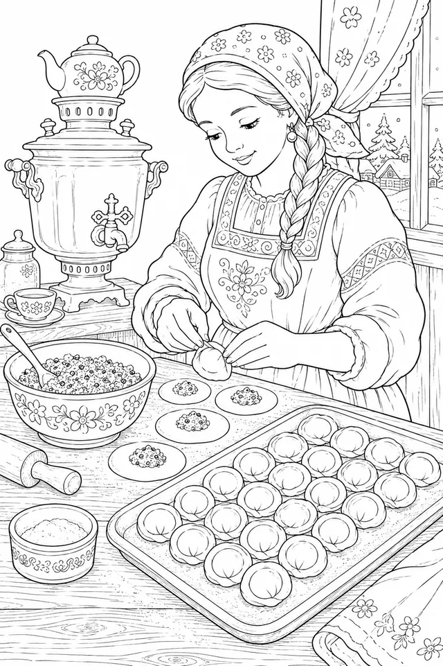 Russische Köchin faltet Pelmeni-Teigtaschen