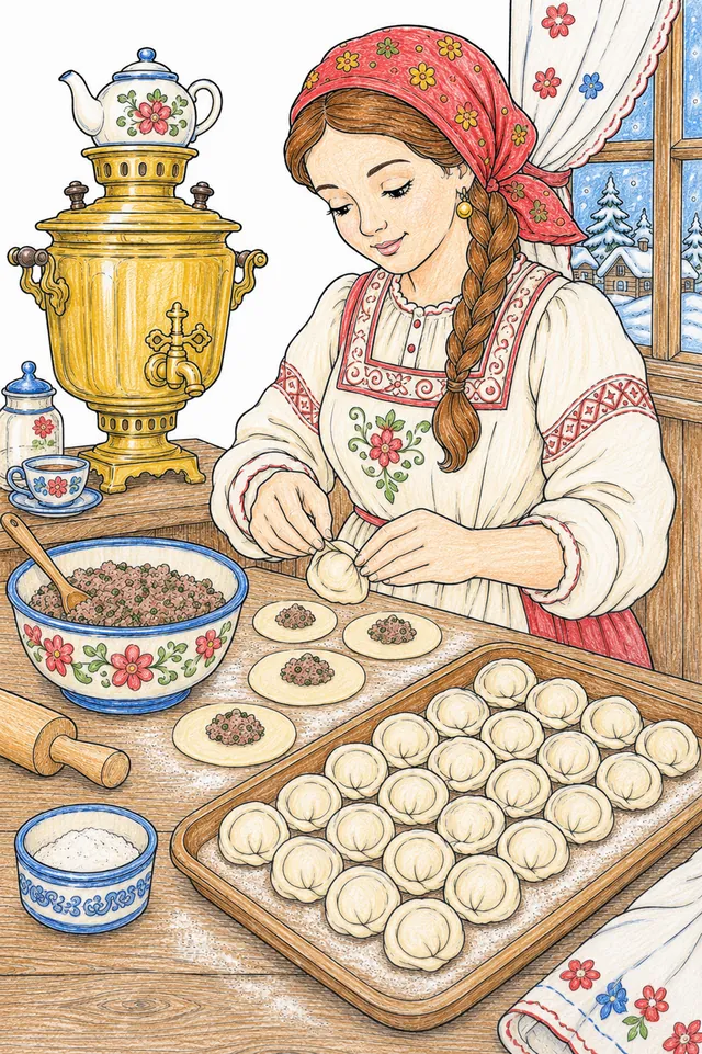 Ausmalseite: Russische Köchin faltet Pelmeni-Teigtaschen am Holztisch, Samowar im Hintergrund