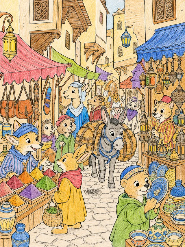 Ausmalbild: Bunte Gasse der Medina von Fez mit Händlern, Gewürzen und Laternen