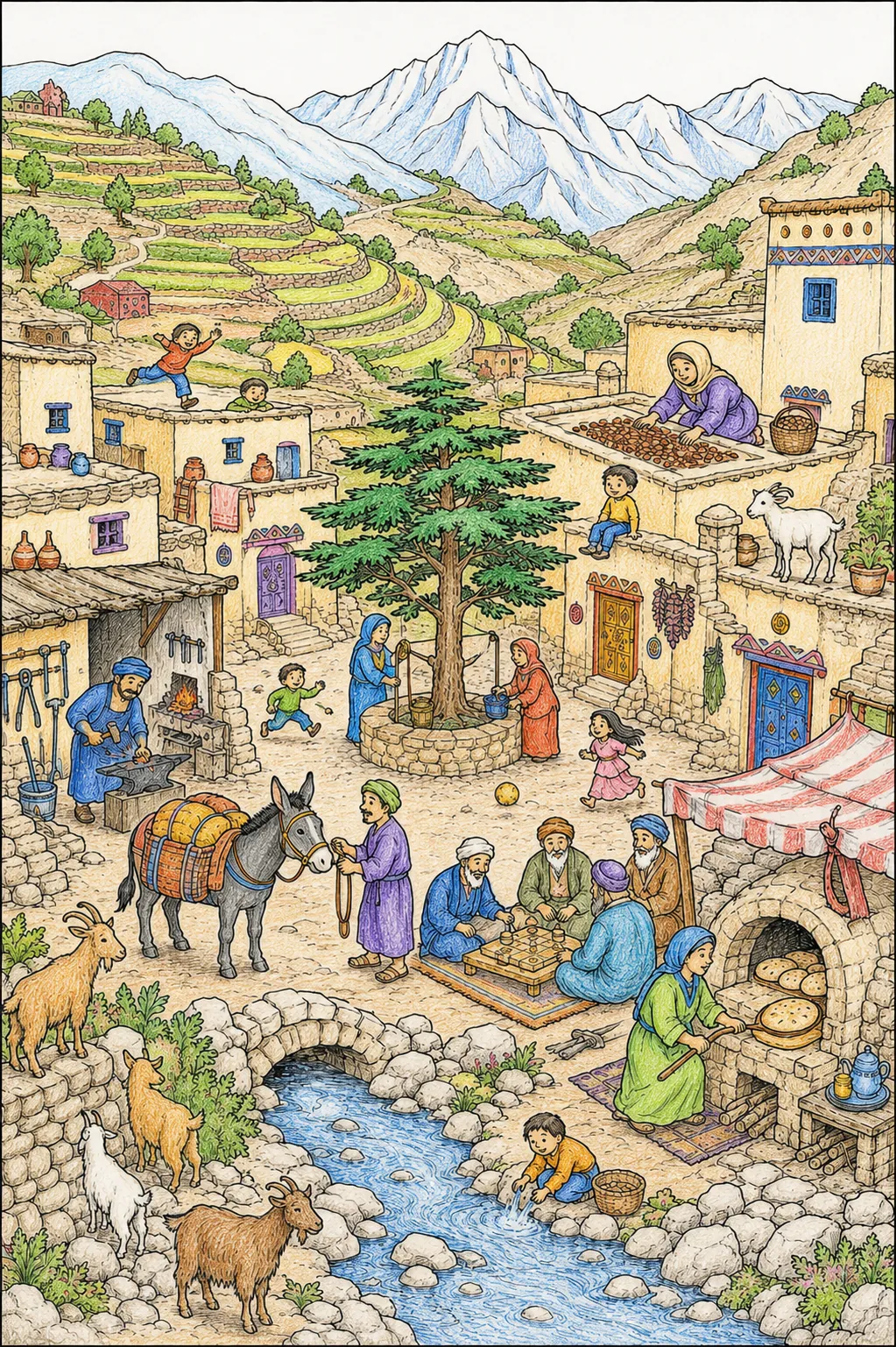 阿特拉斯山脉的柏柏尔村庄全景