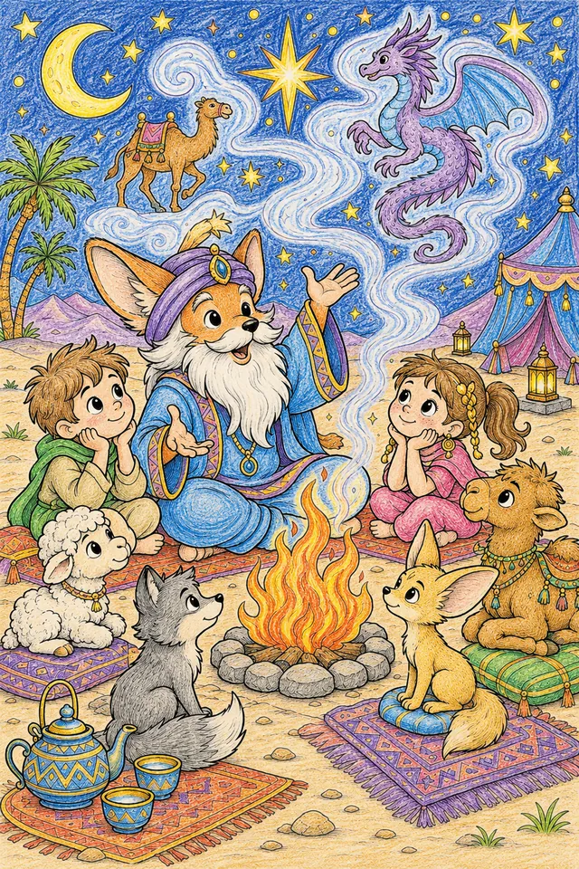 Ausmalbild: Berber-Erzähler mit erhobenen Händen erzählt Kinderkreis Märchen am Lagerfeuer