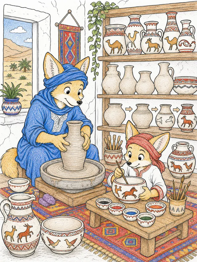 Coloring page: Berber potter turning bowl at wheel, workshop full of pots with camel and animal motifs