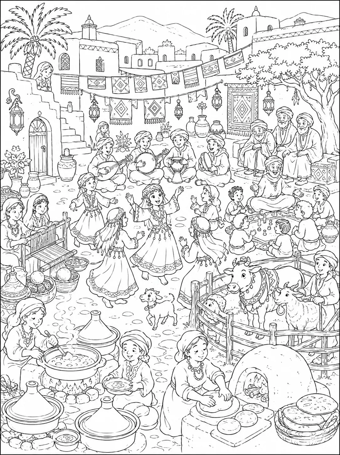 Ausmalbild: Berberdorf-Festwimmelbild mit Tänzern, Musikern und buntem Marktleben