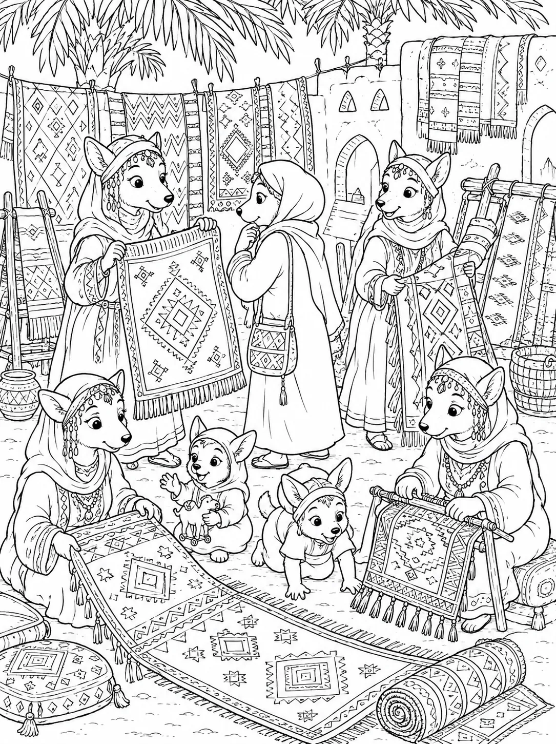 Coloring page: Berber women selling geometrically patterned handwoven carpets at weekly market