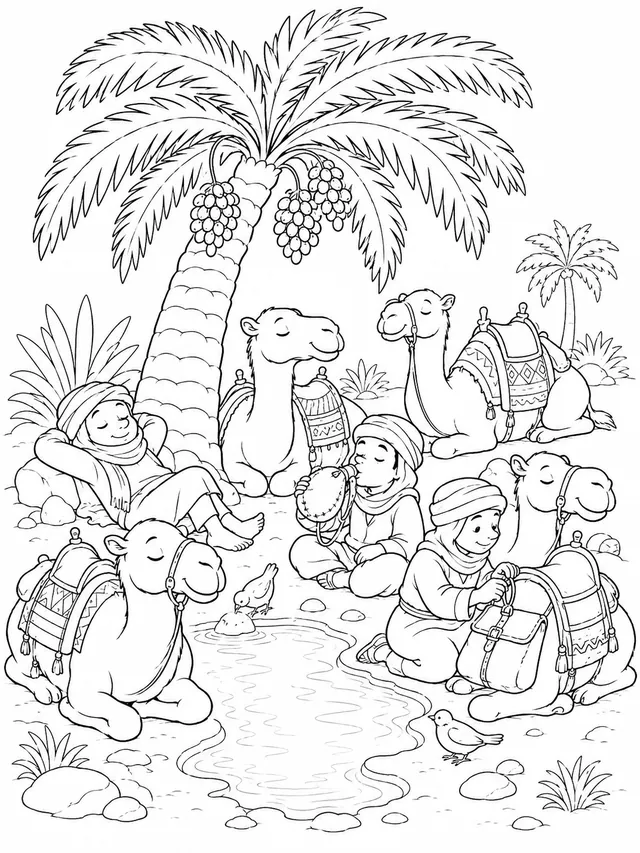 Dromedary Caravan Taking Rest in the Oasis