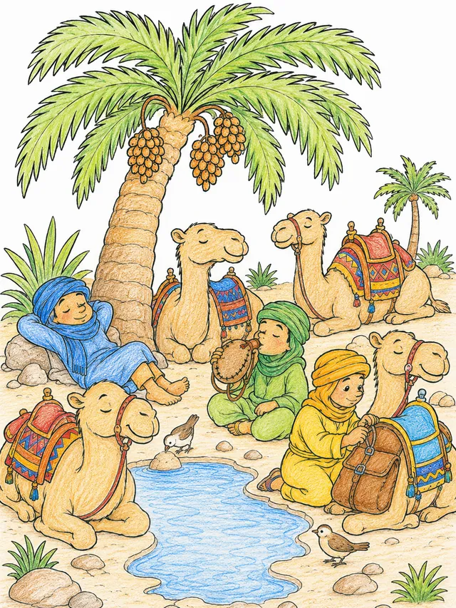 Coloring page: dromedaries lying exhausted in the palm shade of the oasis, riders sleeping beside them