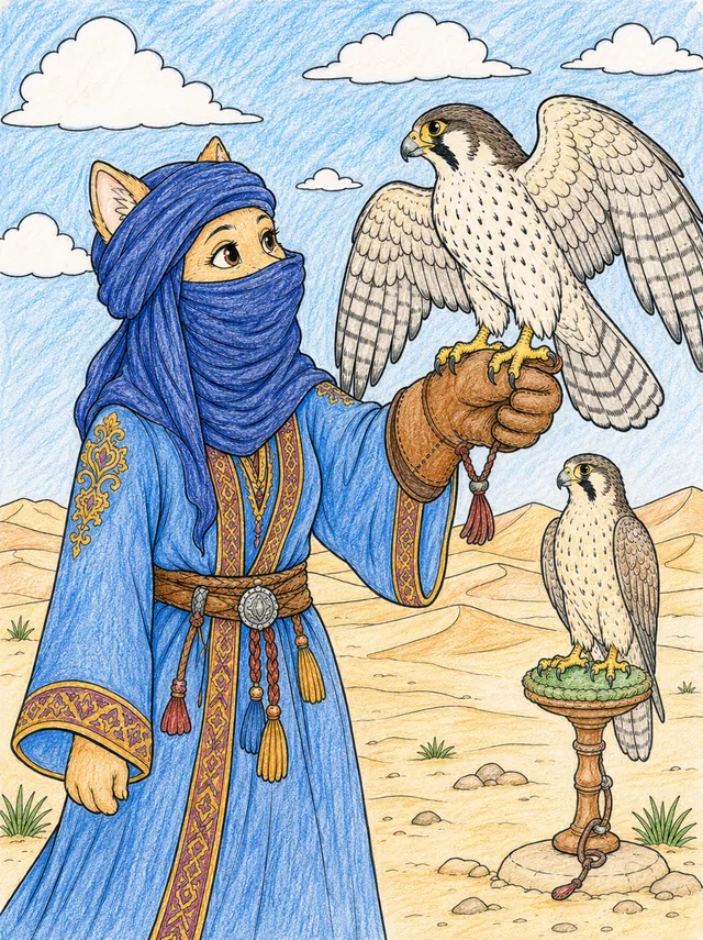 Ausmalbild: Tuareg-Frau in indigo Tracht mit Wüstenfalken auf dem ausgestreckten Arm in der Wüste