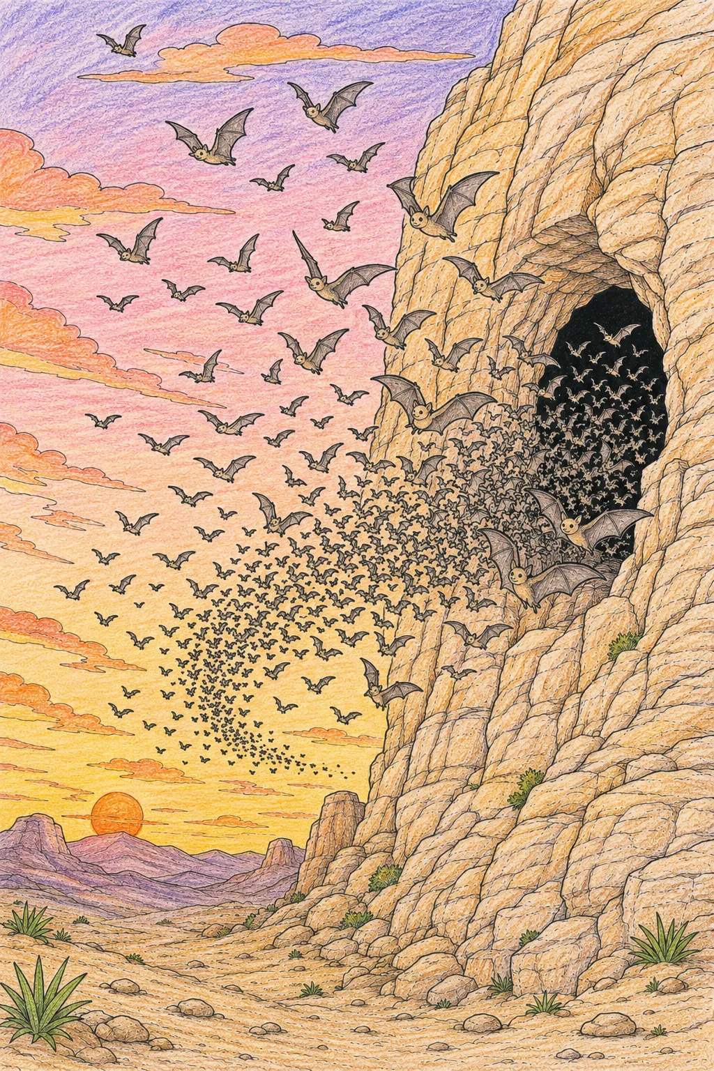 Sahara-Fledermäuse fliegen aus Felshöhle