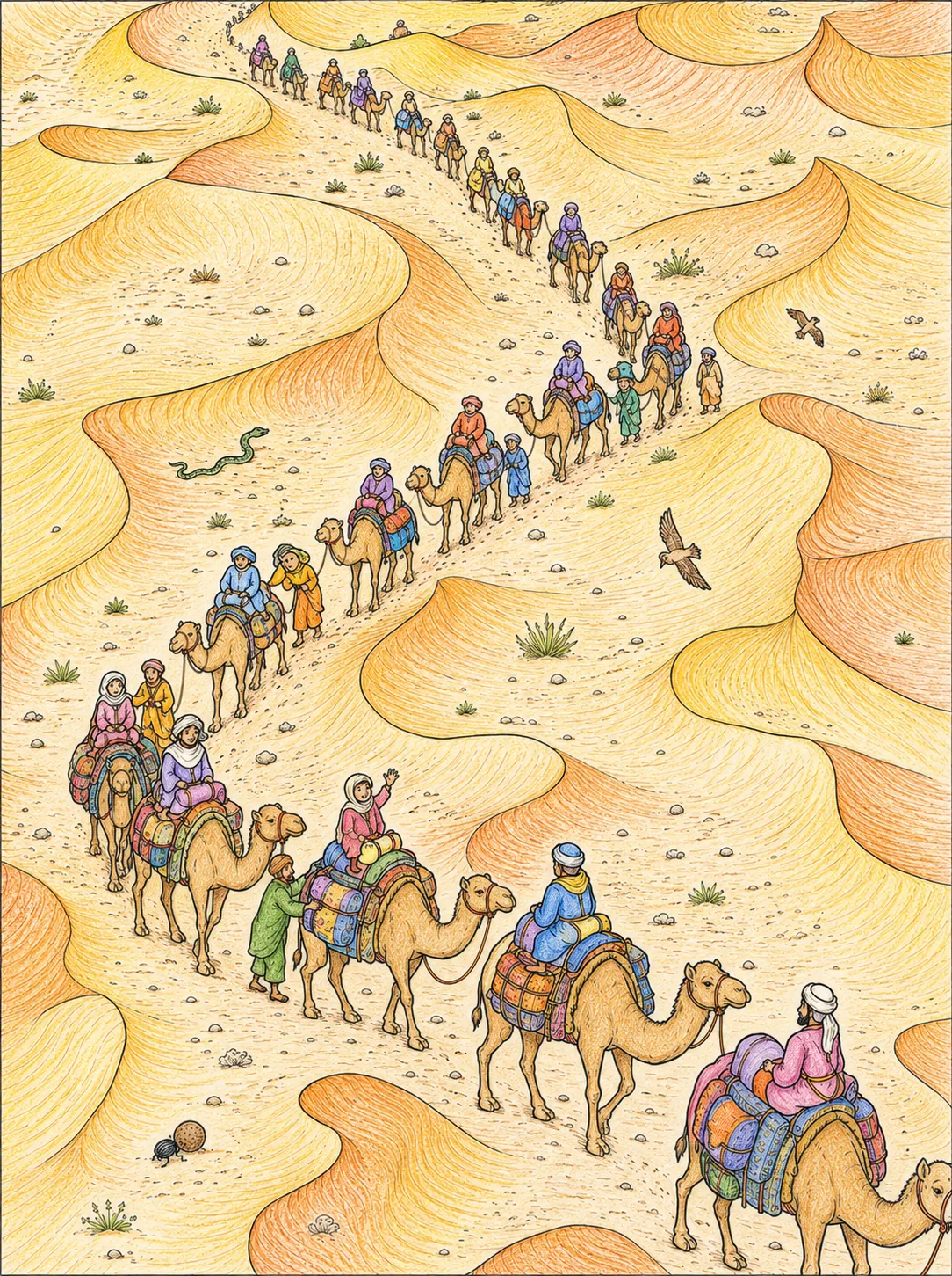 Sahara-Karawane-Vogelperspektive über Dünen