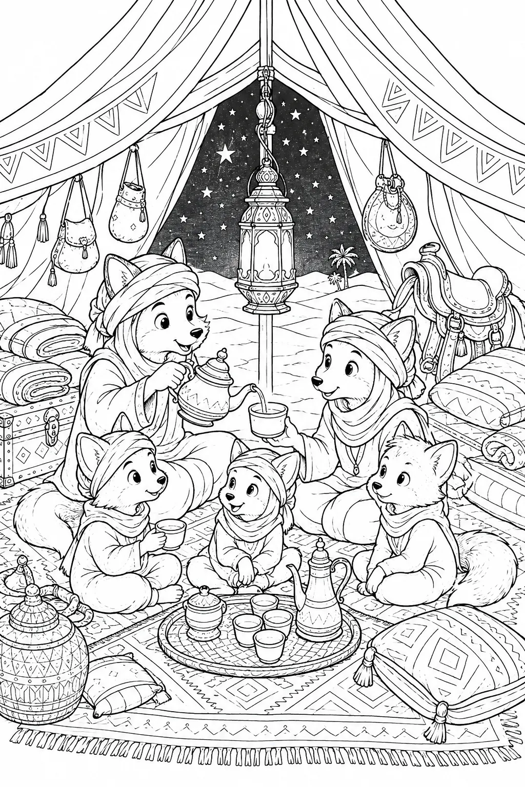 Ausmalbild: Warme Innenansicht eines Wüstenzeltes mit Laterne, Teppichen und Familie beim Tee
