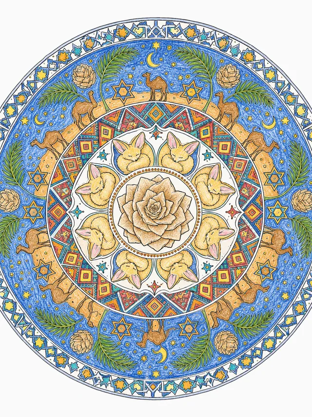Ausmalbild: Detailliertes Sahara-Mandala mit Sandrose im Zentrum und nordafrikanischen Wüstenmotiven