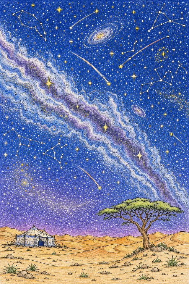 涂色页：有银河、星星和沙丘地平线的宽广撒哈拉夜空全景