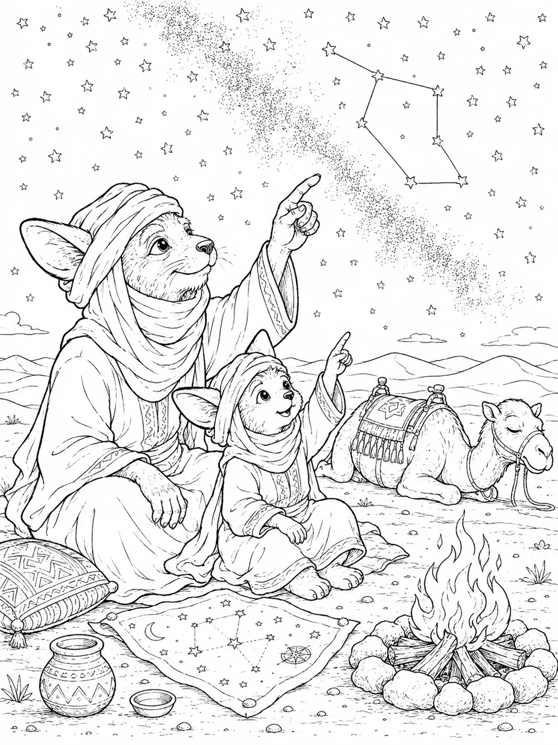 涂色页：游牧孩子和祖父母一起仰望星空，孩子指向星座