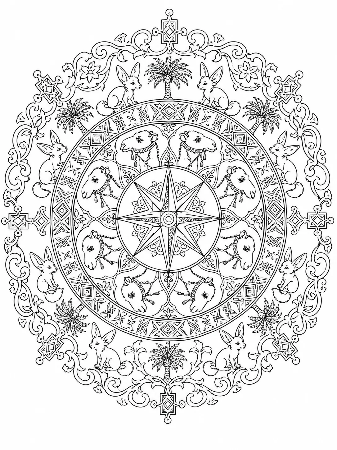 Ausmalbild: Detailreiches nordafrikanisches Mandala mit Dromedar-Köpfen und Berber-Mustern