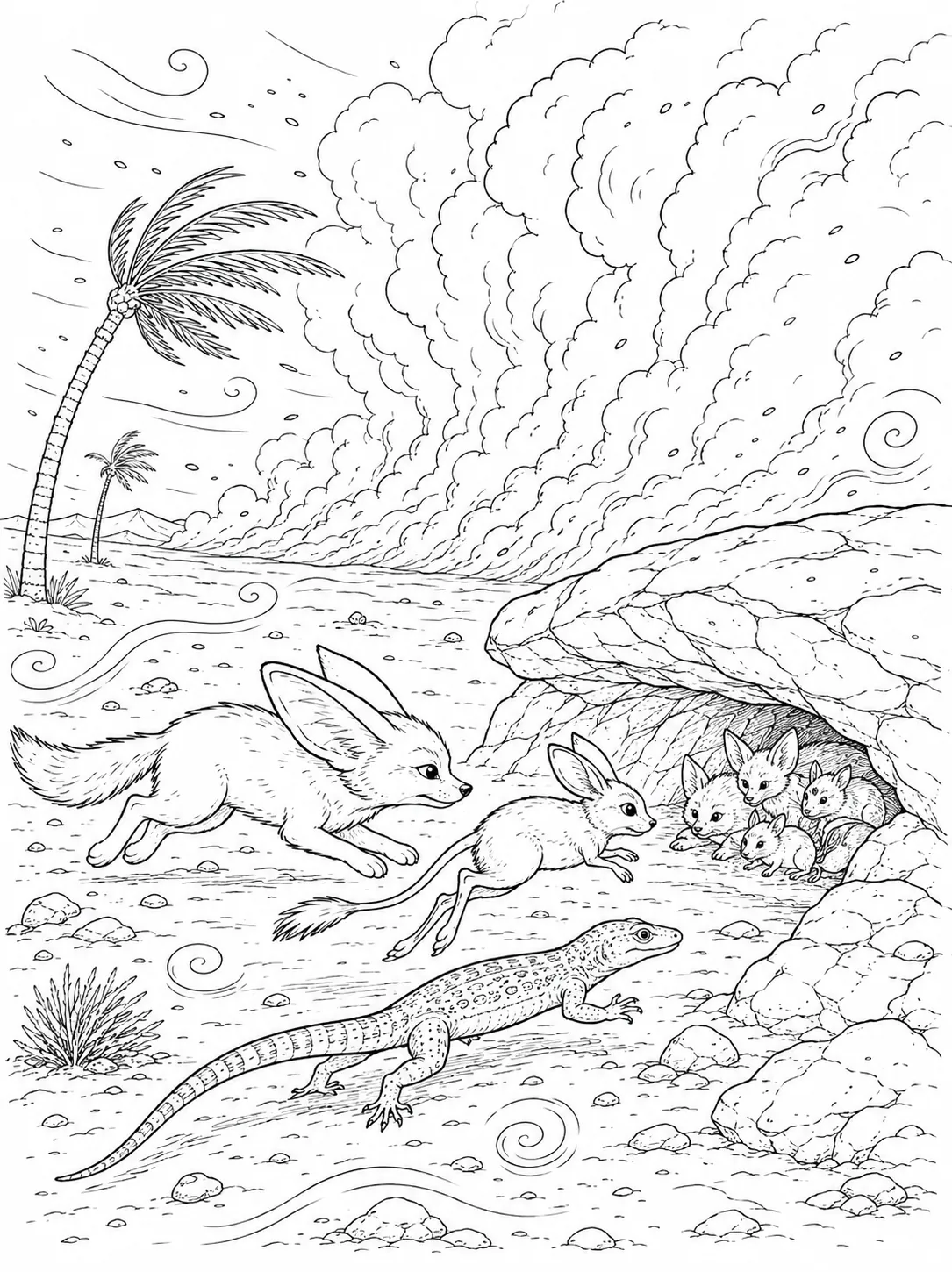 Ausmalbild: Fennec und Springmaus flüchten vor herannahender Sandwand in einen Felsüberhang