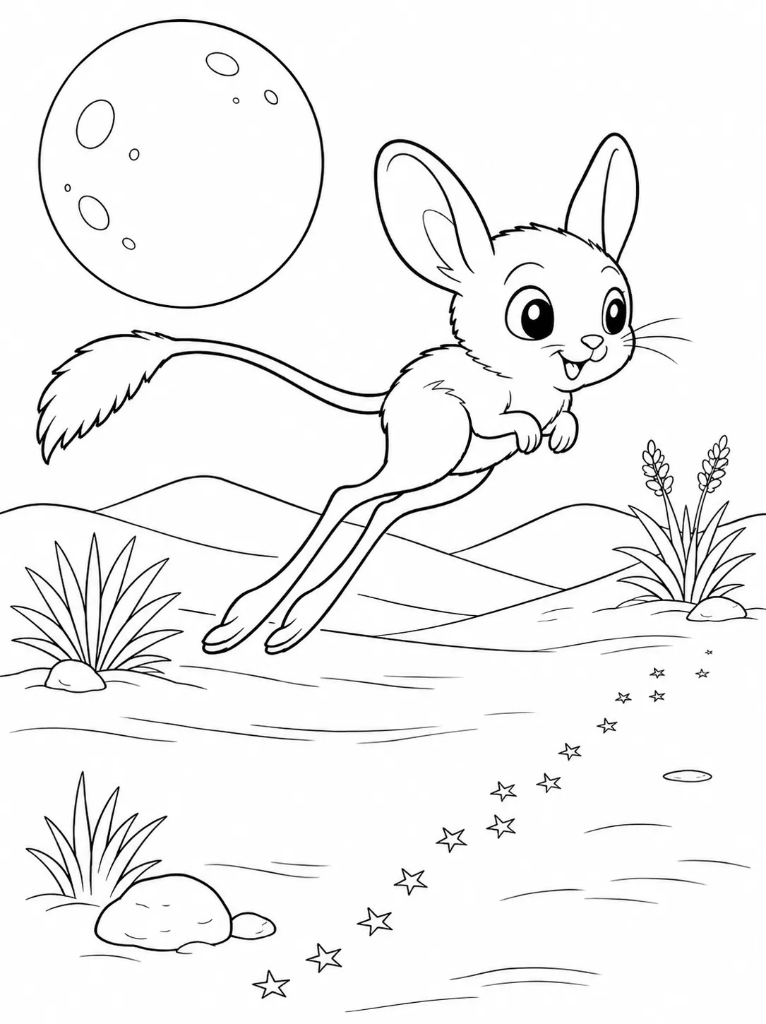 Coloring page: little jerboa making a huge leap in the moonlit Sahara, tail streaming behind