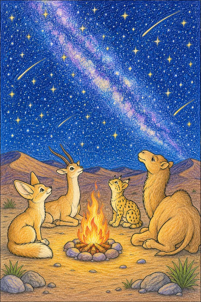 涂色页：撒哈拉夜晚篝火，沙丘上有银河和星空