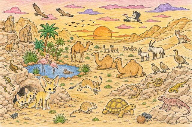 Ausmalbild: Sahara-Landschaft im goldenen Sonnenuntergangslicht mit vielen Tieren in verschiedenen Lebensräumen