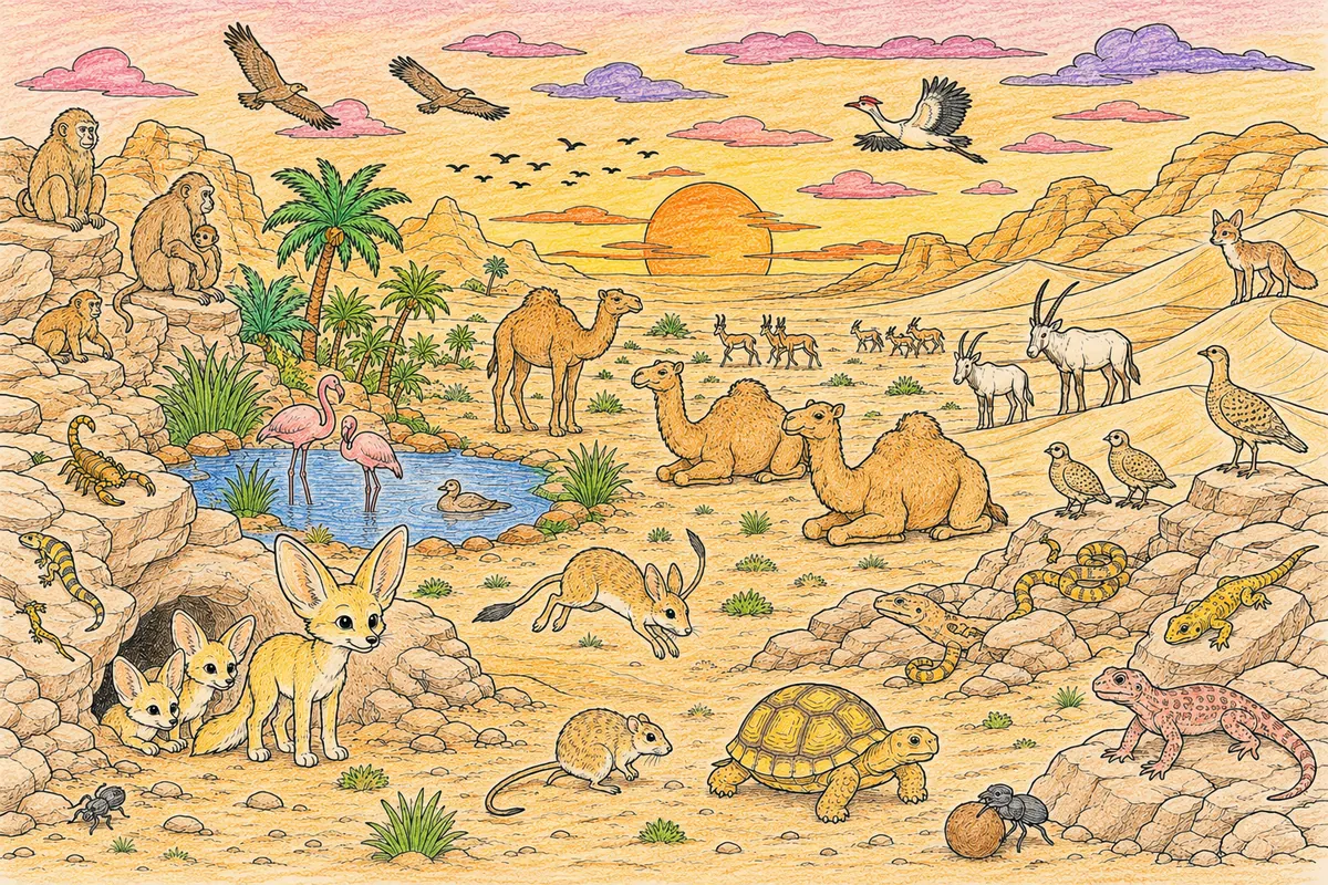 Sahara-Tier-Panorama bei Sonnenuntergang