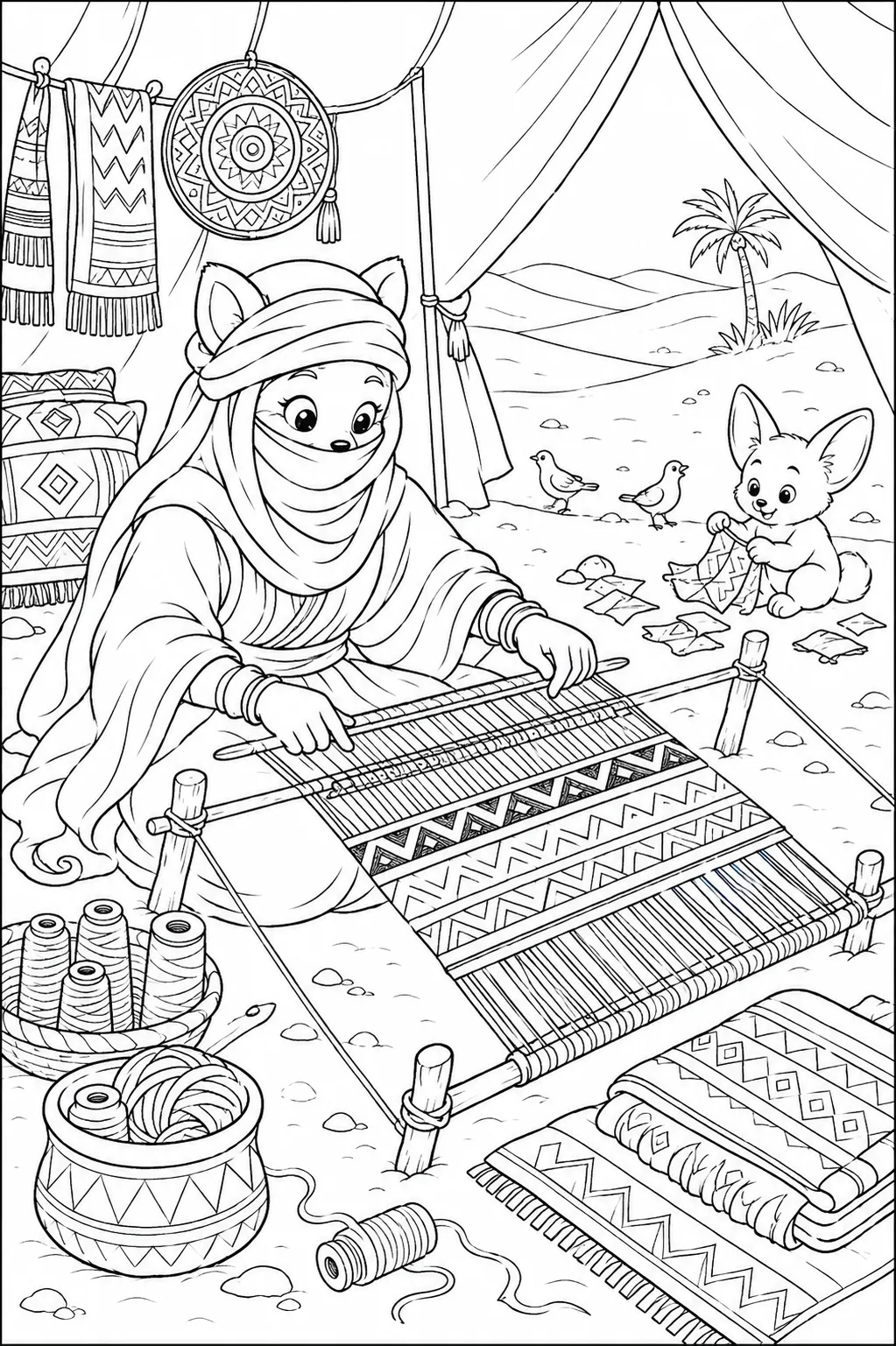 Ausmalbild: Tuareg-Frau webt am traditionellen Bodenweber ein buntes Tuch mit Wüstenmustern