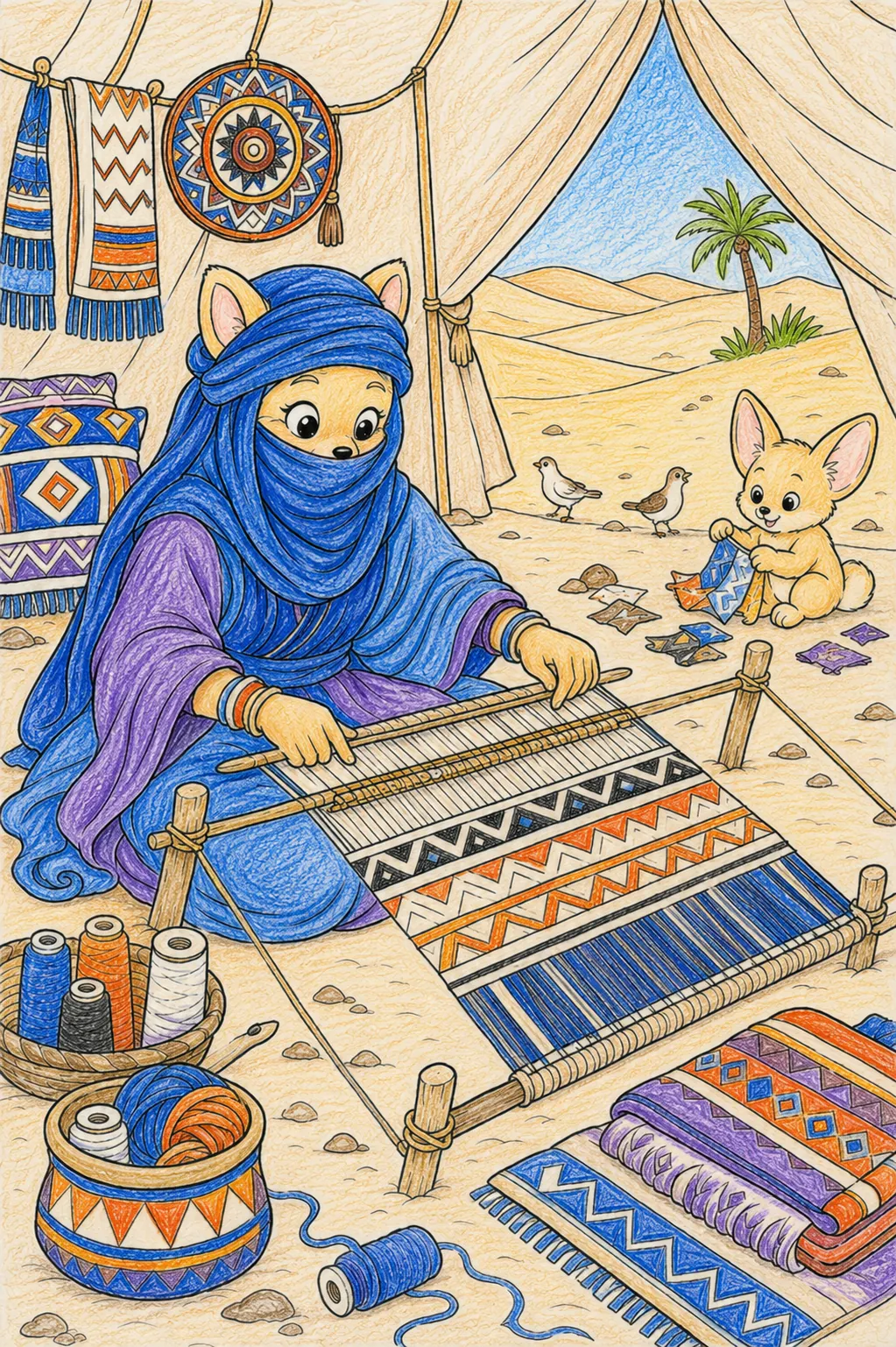 Tuareg-Frau webt am Webrahmen