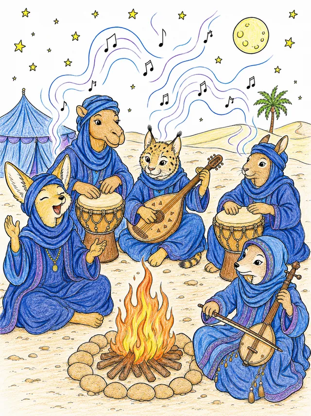 涂色页：五位图阿雷格音乐家在沙漠篝火旁演奏鼓、提琴和琵琶