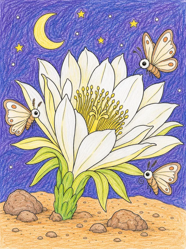 Coloring page: glowing white desert flower opening in the night, moths hovering around the petals