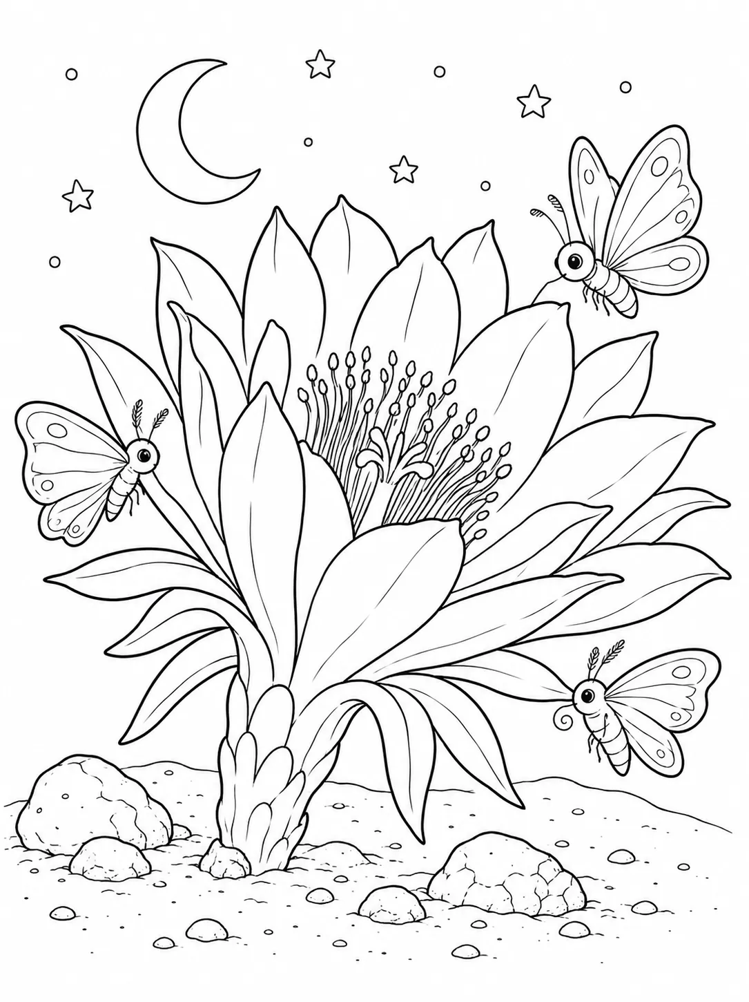 Ausmalbild: Leuchtende weiße Wüstenblume öffnet sich in der Nacht, Motten schweben um die Blütenblätter