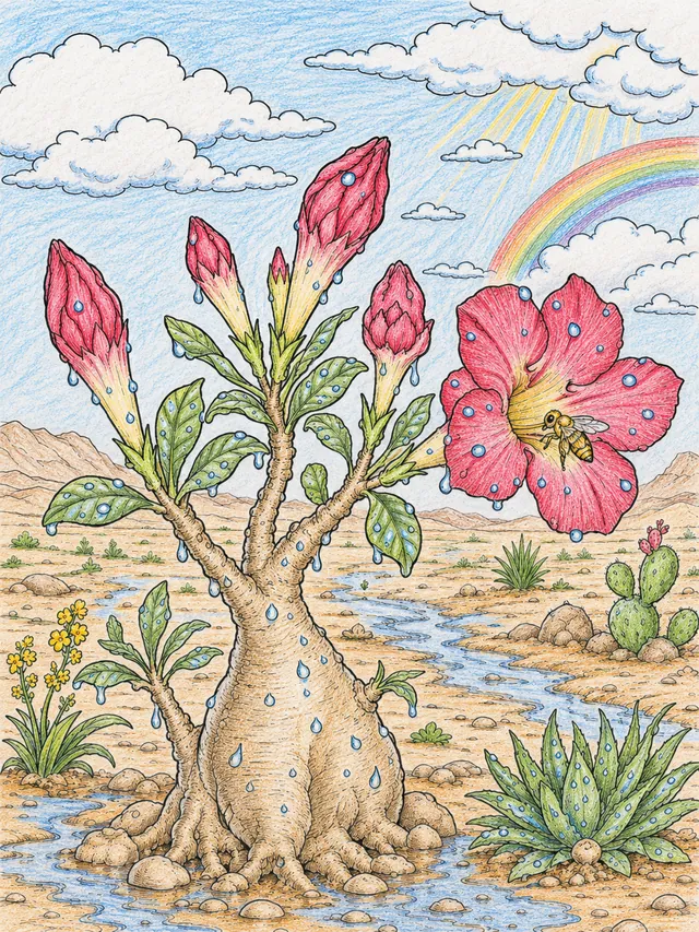 Ausmalbild: Leuchtende pinkfarbene Wüstenrose-Blüten öffnen sich nach einem Regeschauer in der Wüste