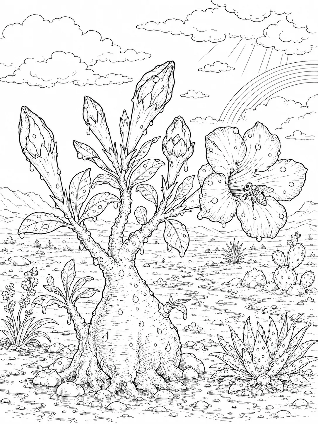 Ausmalbild: Leuchtende pinkfarbene Wüstenrose-Blüten öffnen sich nach einem Regeschauer in der Wüste