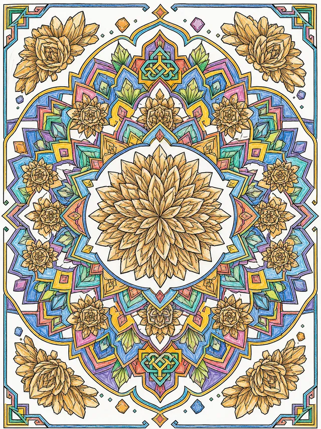 Ausmalbild: Komplexes Mandala mit Sandrose-Kristallstruktur und nordafrikanischen geometrischen Mustern