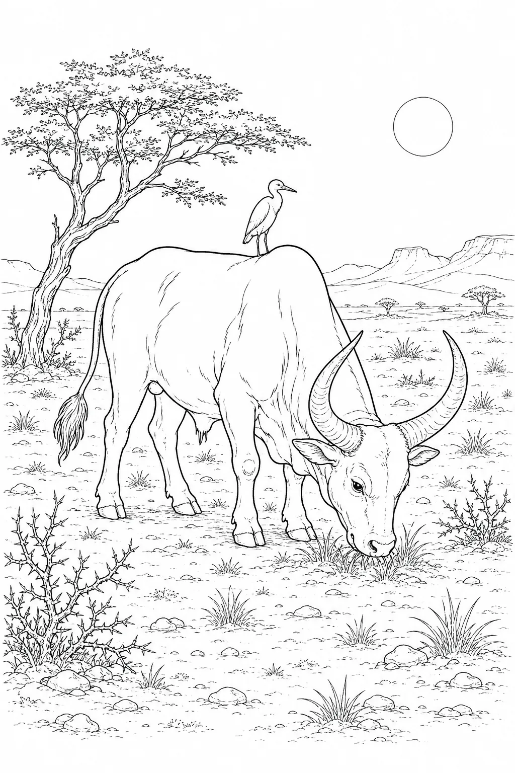 Ausmalbild: Mächtiger Stier grast auf karger gelber Steppe am Rande der Sahara, Kuhreiher auf seinem Rücken